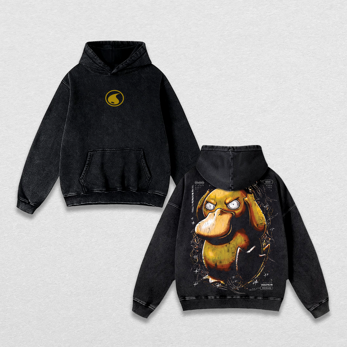 Vintage Psyduck Acid Washed T-Shirt Unisex Oversized Anime Manga T-Shirt Heavyweight Cotton Tee for Anime Fans