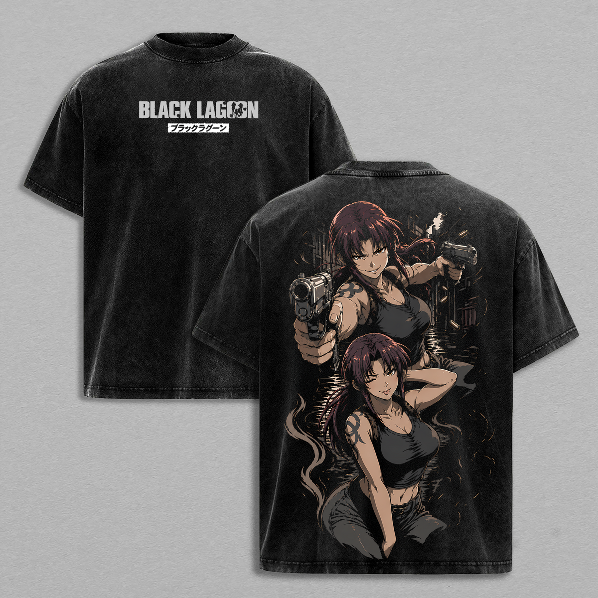Black Lagoon Anime Double Printed Vintage Washed Tee Unisex Oversize Anime Manga Washed Heavyweight Cotton T-shirt