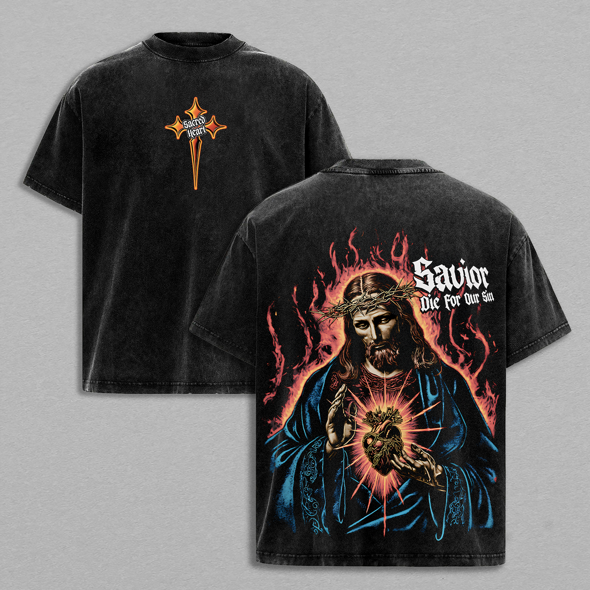 Sacred Heart Savior Jesus Died for Our Sins Christian Vintage Washed Tee