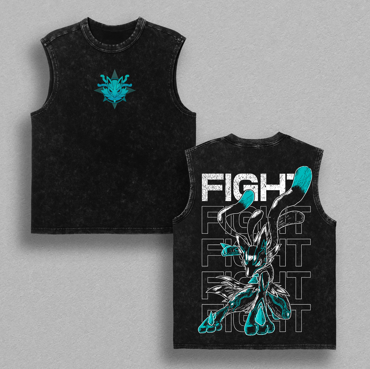 Mega Lucario - PKM Anime T-Shirt Vintage Acid Wash Oversized Graphic Tee Streetwear Aura Gift