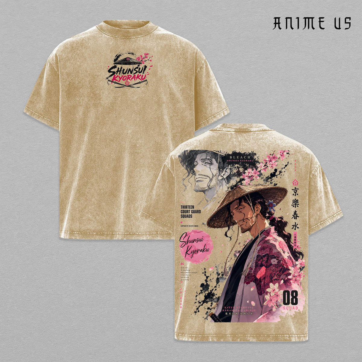 Shunsui Kyoraku Thousand-Year Blood War Bleach Anime Shirt Captain Commander Vintage Washed Oversized Graphic Tee Soul Reaper Squad 8