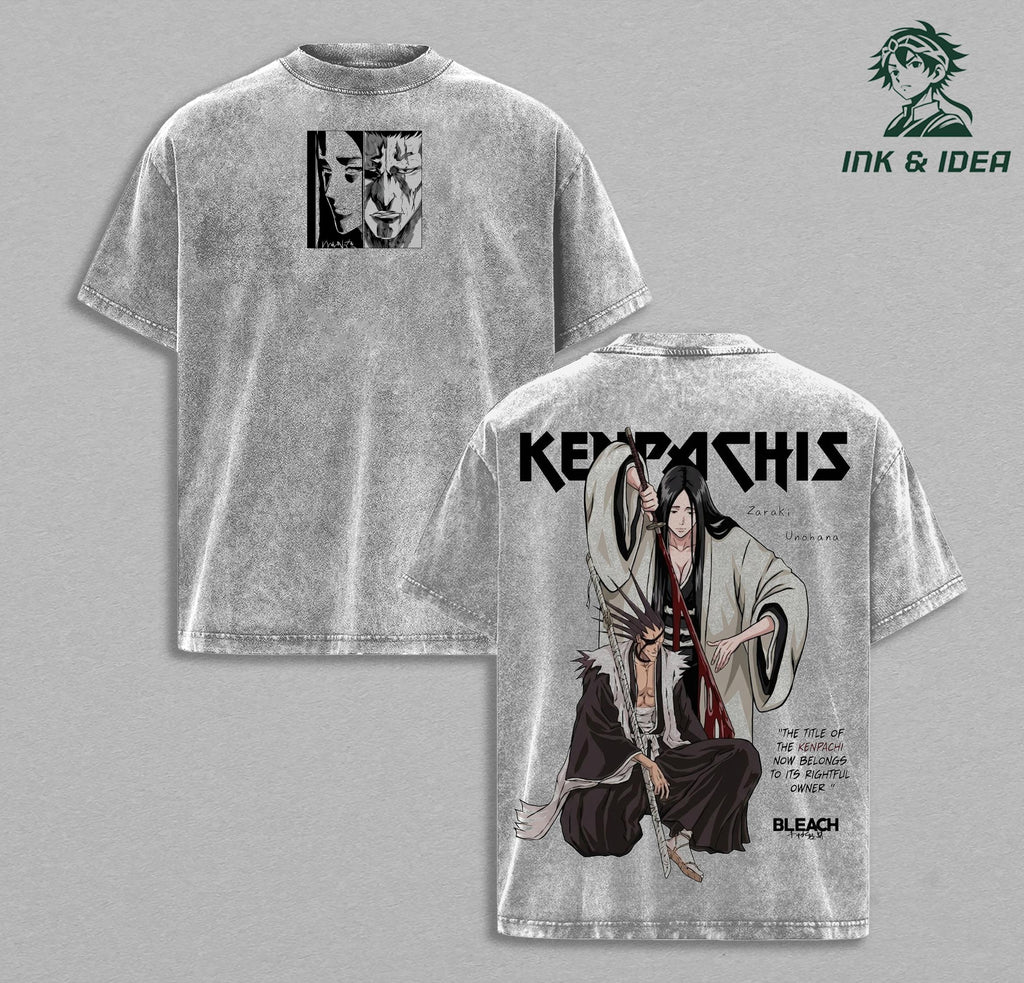 Kenpachi Zaraki x Retsu Unohana Bleach Vintage Washed Oversized Anime T-Shirt, Soul Reaper Graphic Tee, Heavyweight Cotton Streetwear Shirt