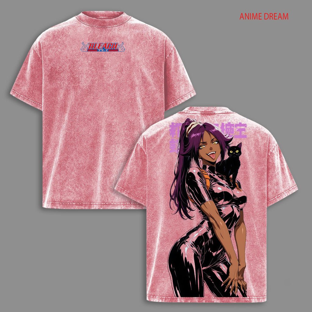 Yoruichi Shihoin Bleach Anime Double Printed Vintage Washed Tee Unisex Oversize Anime Manga Washed Heavyweight Cotton T-shirt