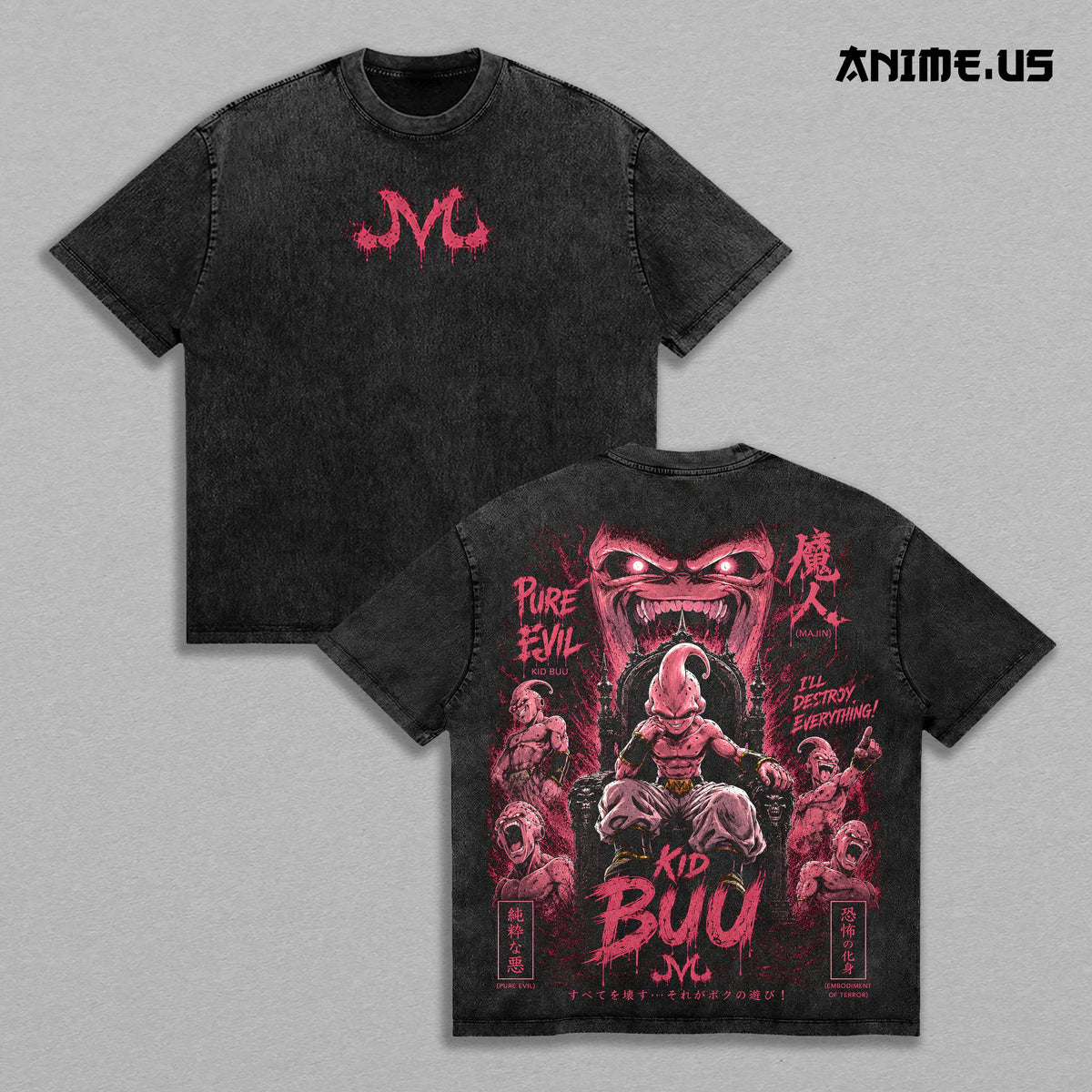 Majin Buu Kid Buu Pure Evil DBZ Vintage Washed Oversized Tee, Anime Graphic Shirt, Heavyweight Cotton Streetwear for DBZ Fans