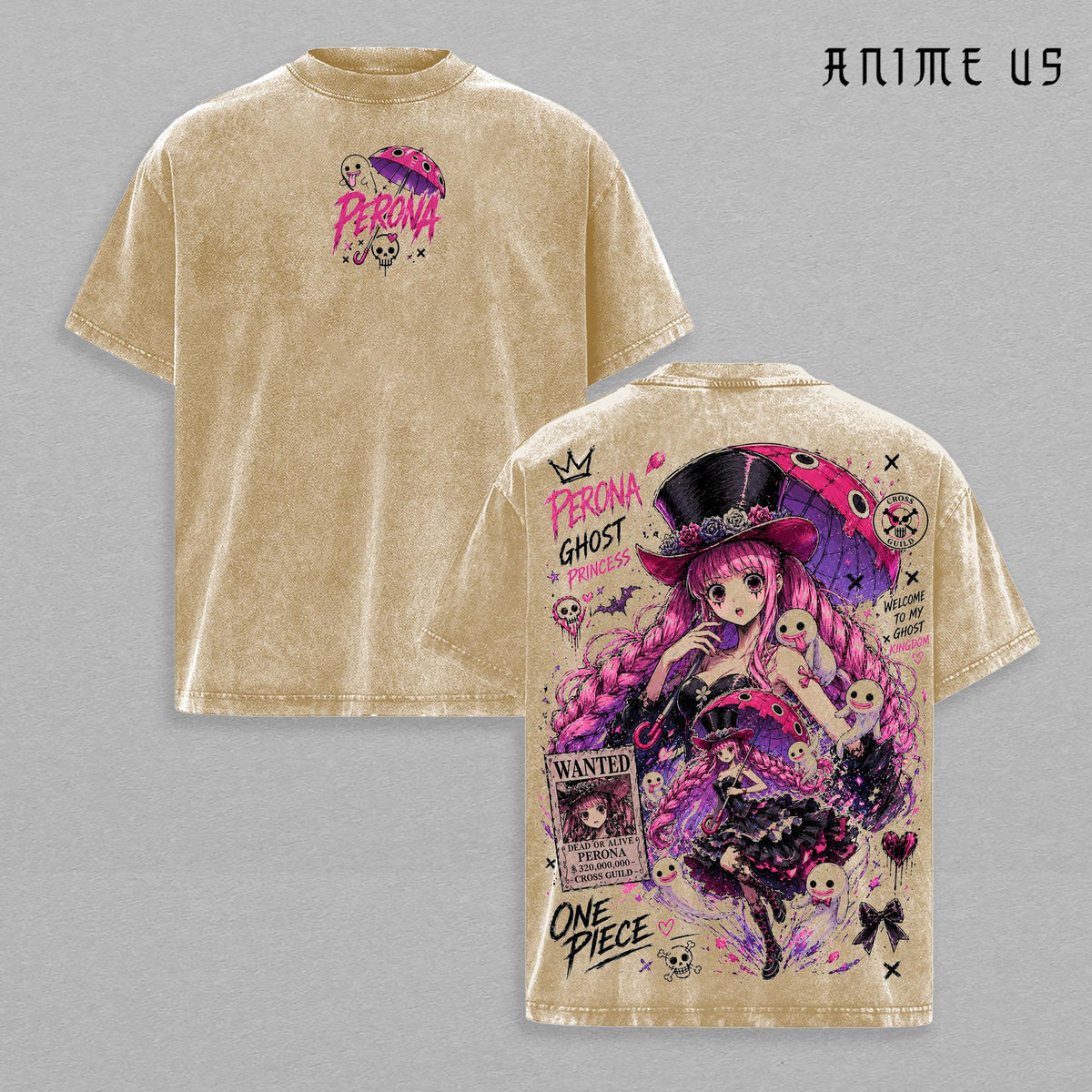 Perona One Piece Ghost Princess Anime Vintage Washed Oversized Graphic Tee Thriller Bark Gothic Manga Streetwear Heavyweight Cotton Shirt