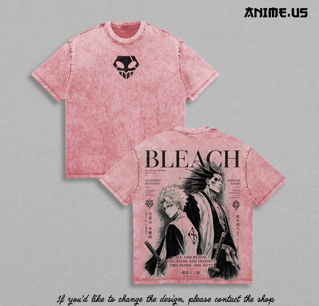 Kenpachi Zaraki x Toshiro Hitsugaya Bleach Anime Vintage Washed Oversized Graphic Tee Gotei 13 Soul Society Manga Streetwear Shirt