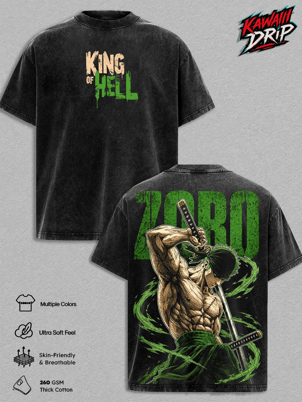 Roronoa Zoro One Piecee King of Hell Anime Vintage Washed Tee