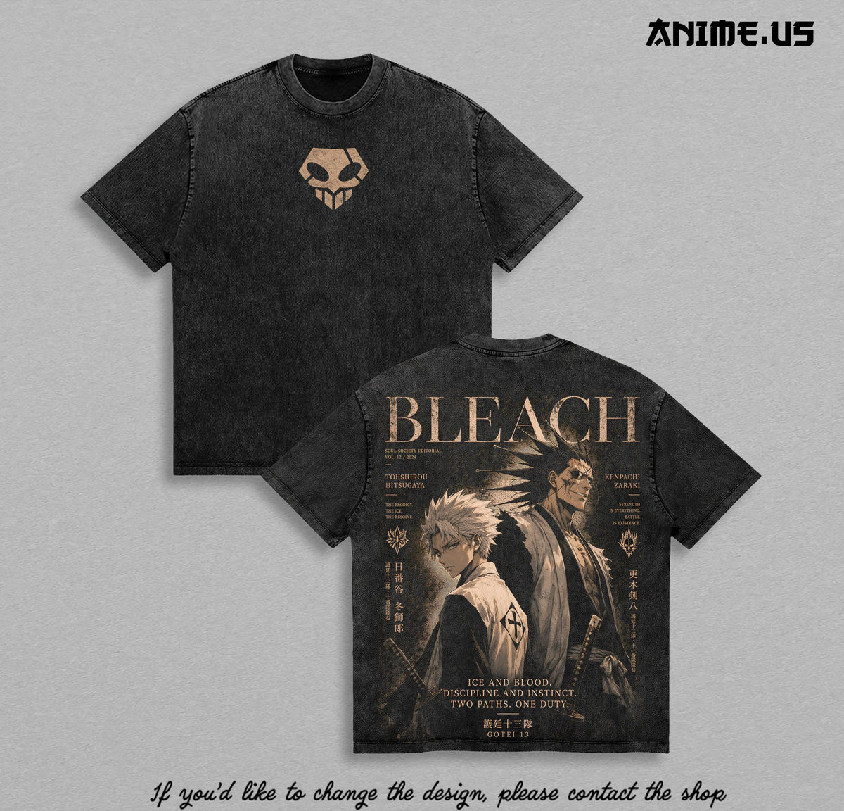 Kenpachi Zaraki x Toshiro Hitsugaya Bleach Anime Vintage Washed Oversized Graphic Tee Gotei 13 Soul Society Manga Streetwear Shirt