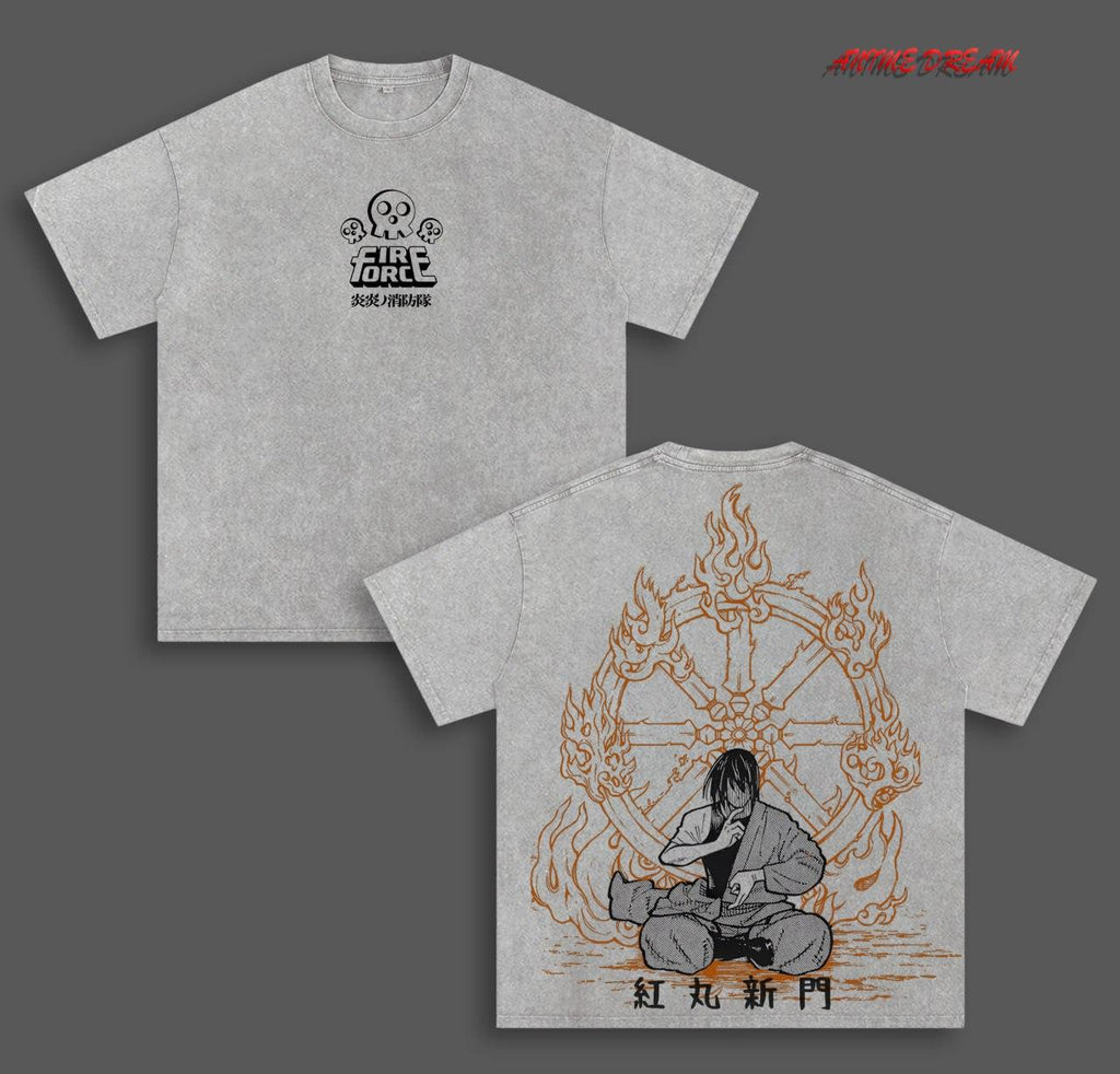 Shinmon Benimaru Fier force Anime Double Printed Vintage Washed Tee Unisex Oversize Anime Manga Washed Heavyweight Cotton T-shirt