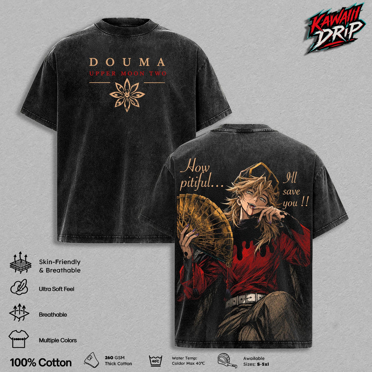 Douma Demon Slayer Upper Moon Two Anime Vintage Washed Tee