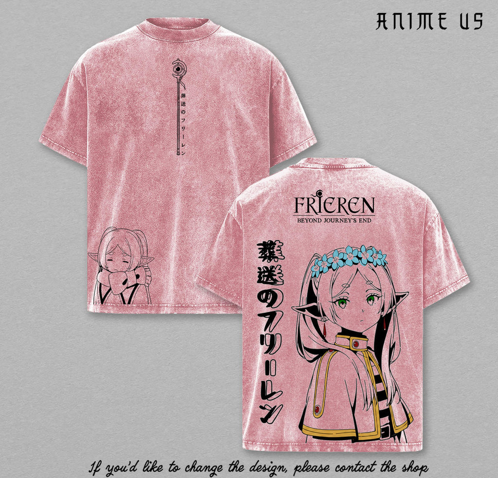 Frieren Beyond Journey’s End Vintage Washed Shirt Japanese Kanji Anime Tee Elf Mage Manga Streetwear