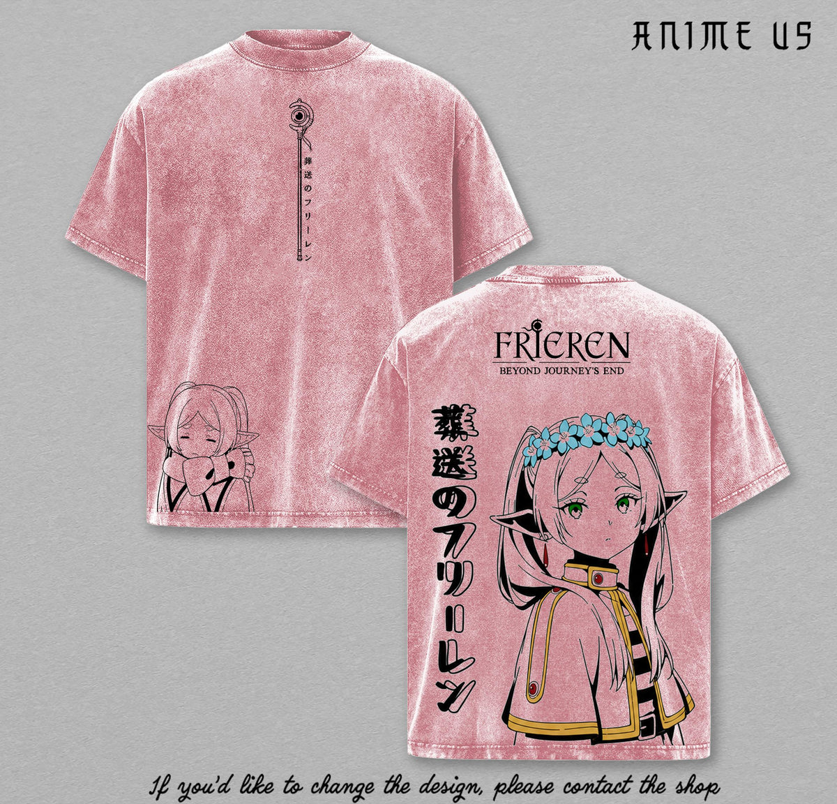 Frieren Beyond Journey’s End Vintage Washed Shirt Japanese Kanji Anime Tee Elf Mage Manga Streetwear