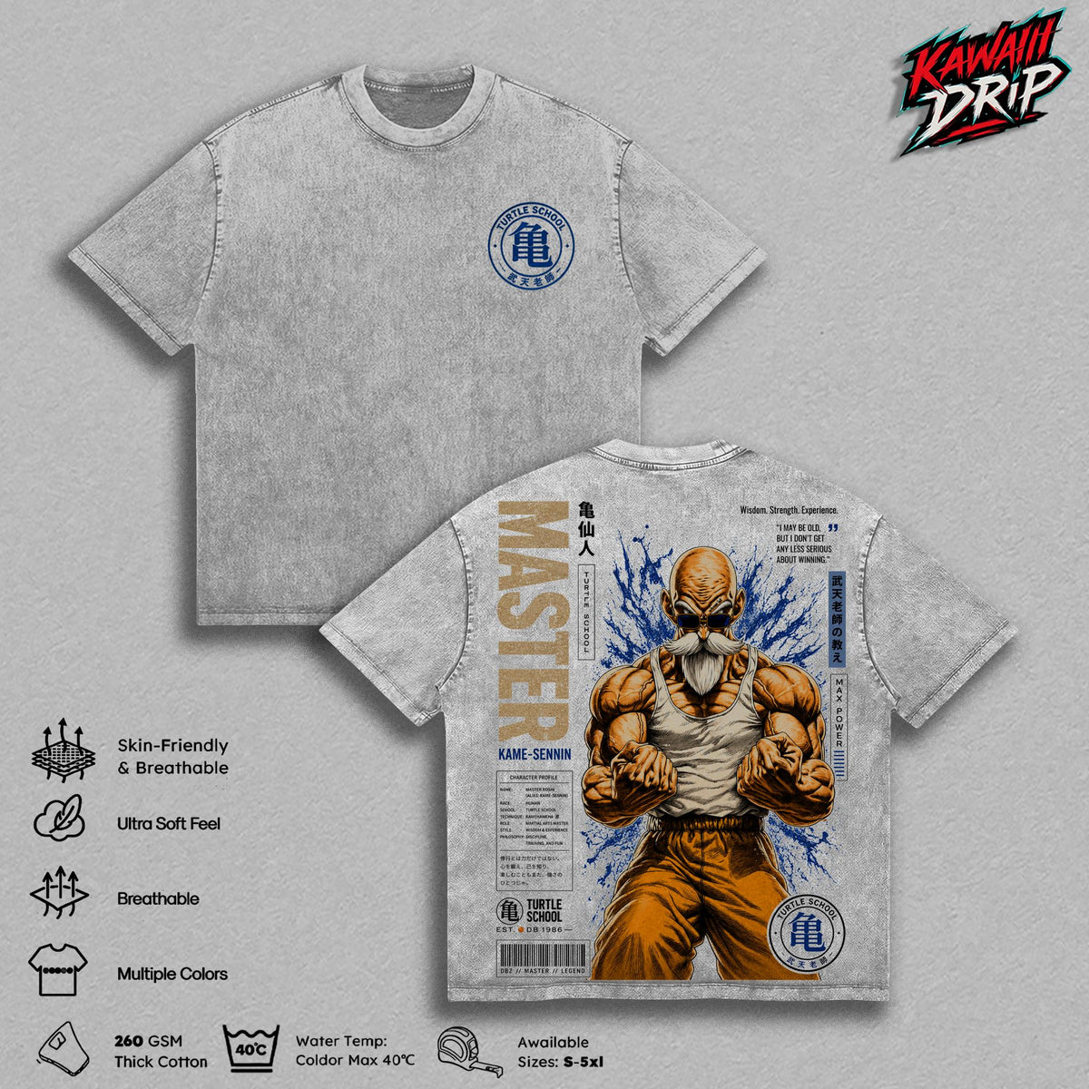 Master Roshiii Gym Kame Sennin DBZ Anime Vintage Washed Tee