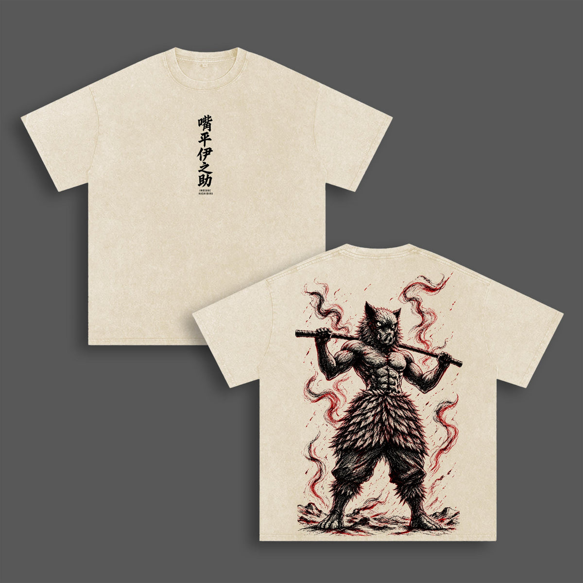 Inosuke Hashibira Demon SLayer Anime Double Printed Vintage Washed Tee Unisex Oversize Anime Manga Washed Heavyweight Cotton T-shirt