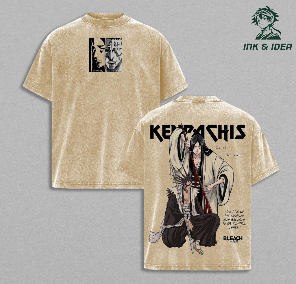 Kenpachi Zaraki x Retsu Unohana Bleach Vintage Washed Oversized Anime T-Shirt, Soul Reaper Graphic Tee, Heavyweight Cotton Streetwear Shirt
