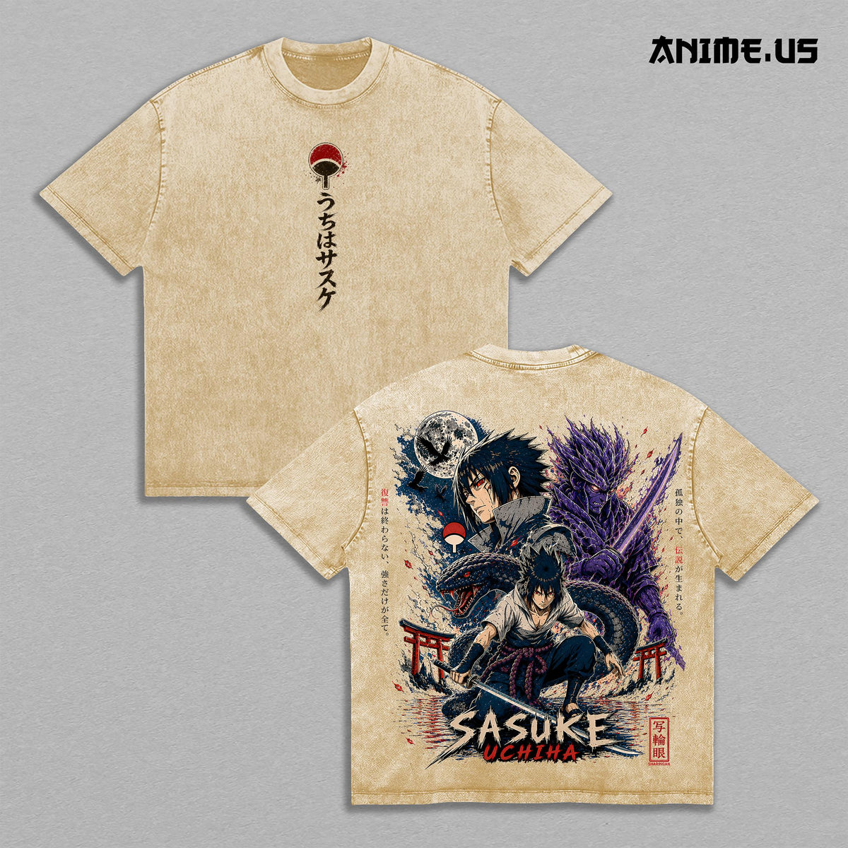 Sasuke Uchiha Susanoo Moon Chidori Naruto Vintage Washed T-Shirt Heavyweight Cotton Anime Streetwear Oversized Tee
