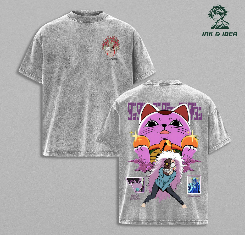Dandadan Turbo Granny Vintage Washed T-Shirt, Retro Monster Lucky Cat Anime Tee, Oversized Paranormal Streetwear Heavy Cotton Graphic Top