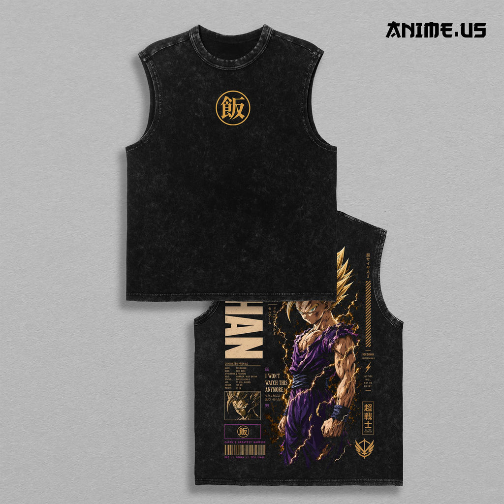 Teen Saiyan Beast Form Anime Graphic Vintage Tank Top, Ultimate Warrior Lightning Aura Heavyweight Cotton Sleeveless Oversized Streetwear