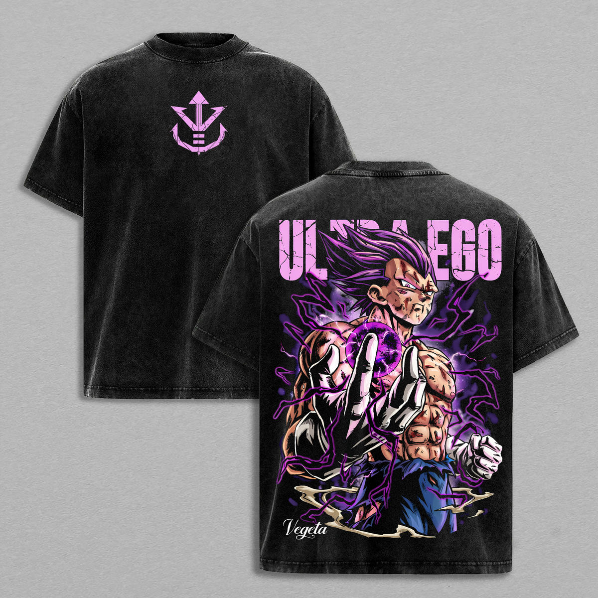 Ultra Ego Saiyan Prince Anime Shirt Purple Power Awakening Vintage Washed Oversized Anime Streetwear Graphic Tee