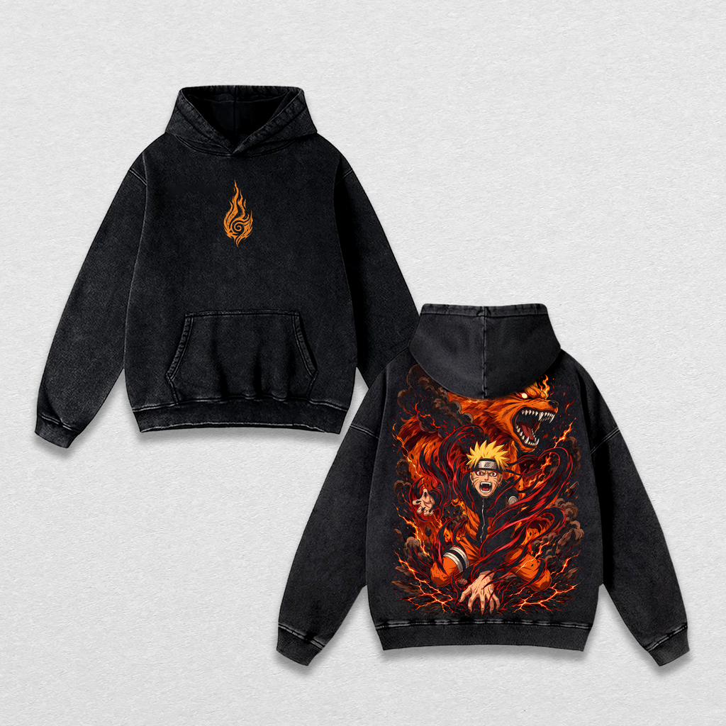 Naruto Kurama Nine Tails Vintage Washed Oversized Graphic Tee, Sage of Six Paths Anime Heavyweight Cotton Streetwear T-Shirt