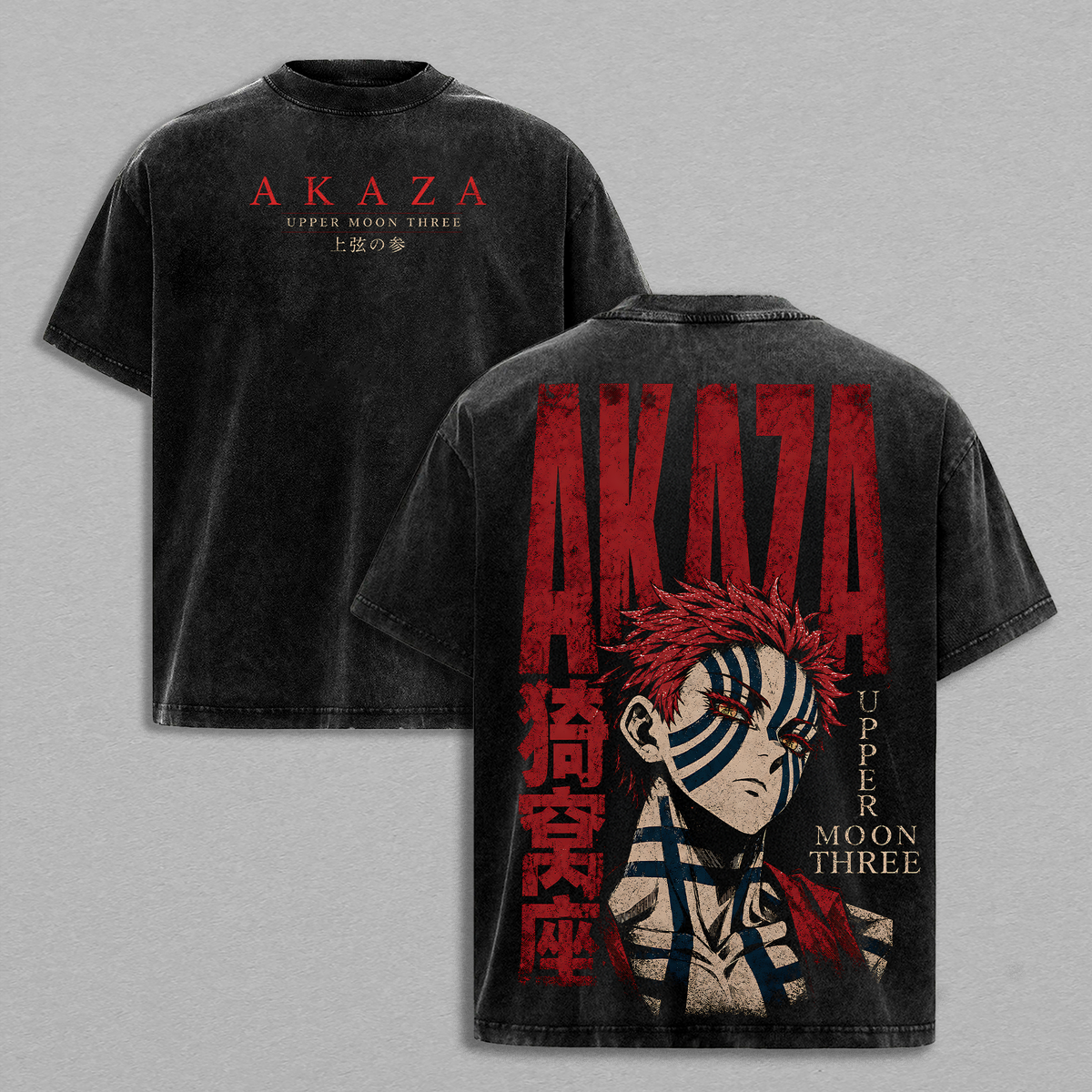 Akaza Demon Slayer Upper Moon Three Infinity Castle Anime Double Printed Vintage Washed Tee Unisex Oversize Manga Heavyweight Cotton T-Shirt