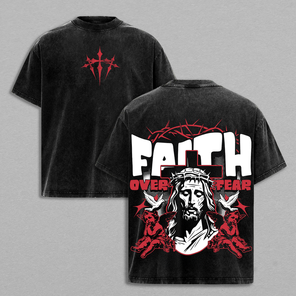 Faith Over Fear Jesus Crown of Thorns Christian Vintage Washed Tee