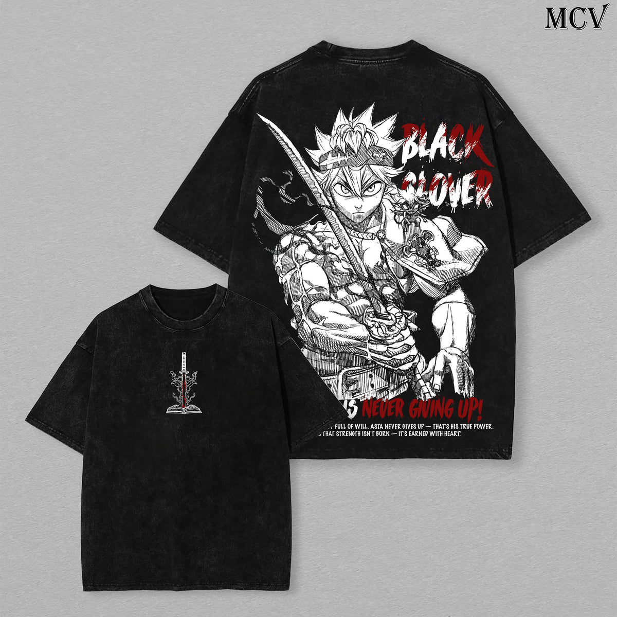 Asta T-Shirt – Black Clover Oversized Vintage Anime Tee Double Printed Lightweight Acid Washed Unisex Streetwear, Perfect Gift for Anime Lovers