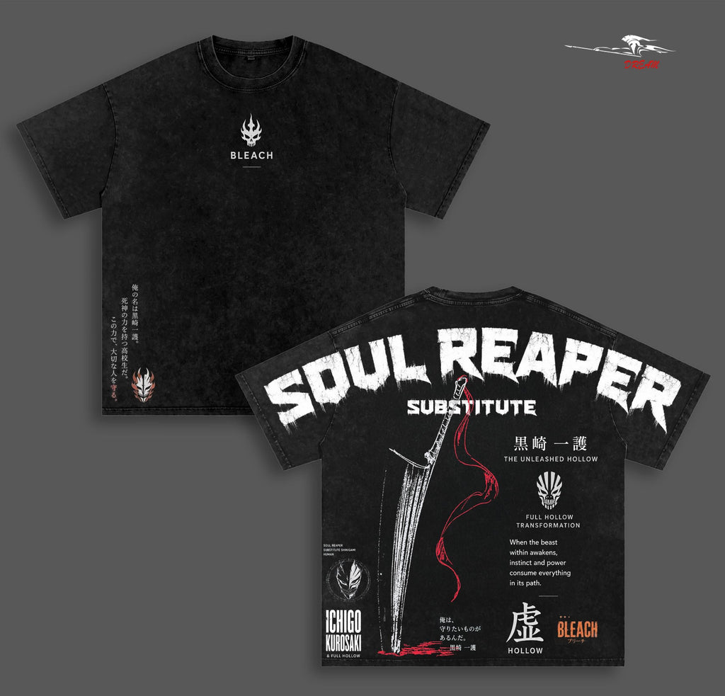 Substitute Soul Reaper Ichigo Bleach Anime Double Printed Vintage Washed Tee Unisex Oversize Heavyweight Cotton T-shirt for Anime Fans and Lovers