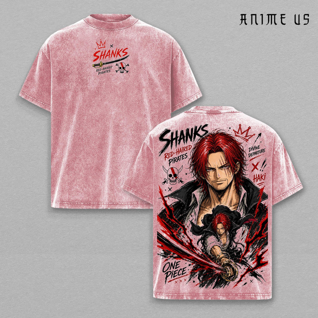 Shanks One Piece Vintage Washed Shirt Red Hair Pirates Haki Graphic Tee Oversized Anime Streetwear Unisex