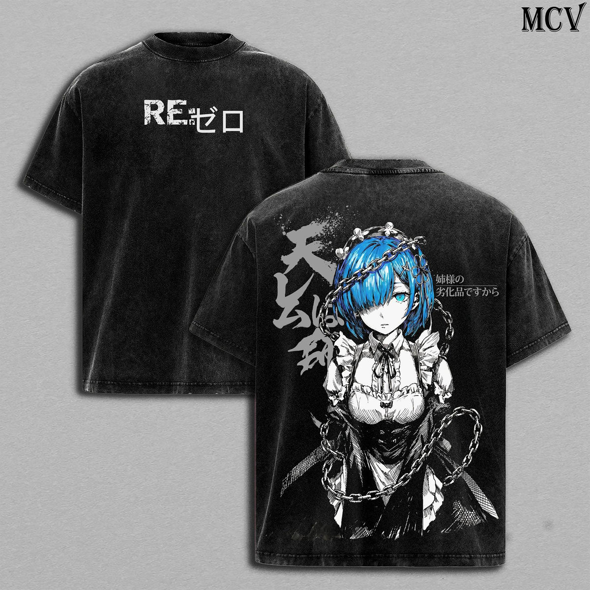 Rem Re:Zero Tee – Rem Vintage Washed T-Shirt | Best Girl | Blue Hair Waifu Anime Manga Graphic Tee | Heavy Cotton Unisex Oversized Streetwear Top