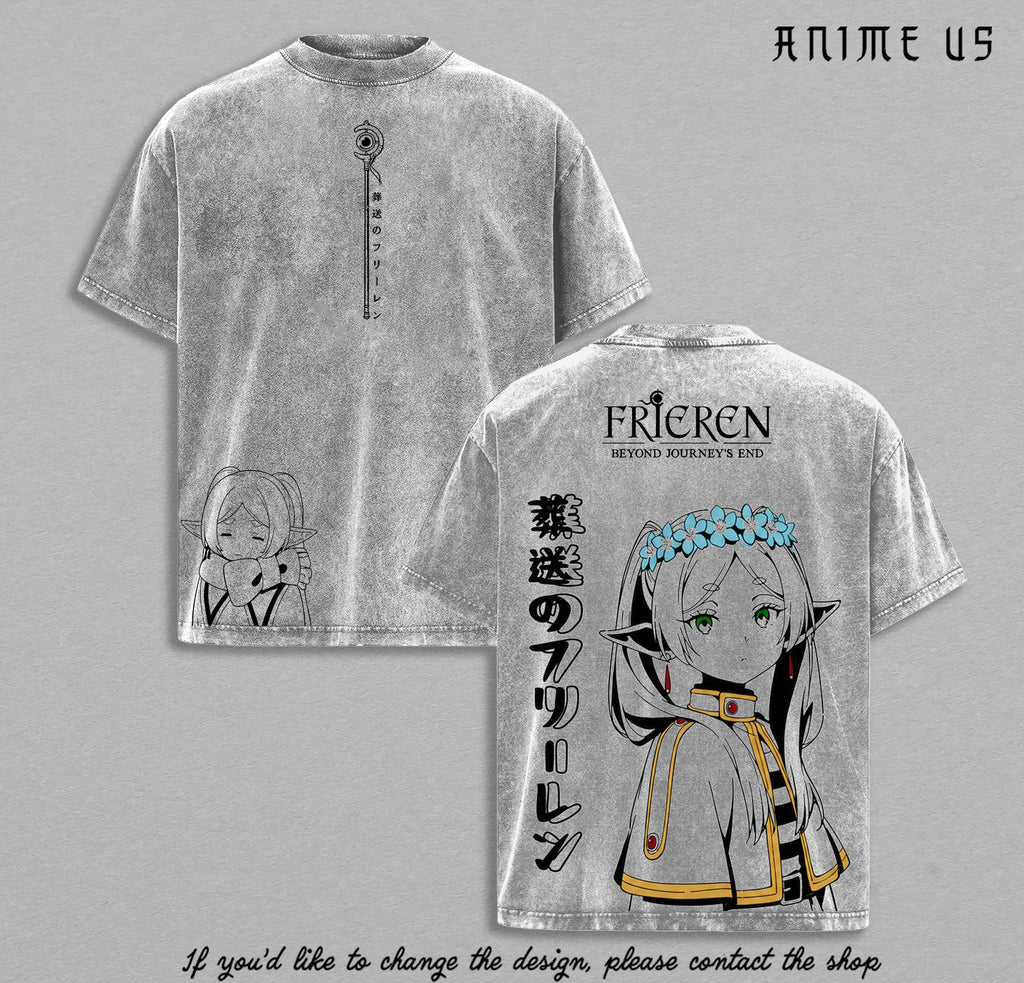 Frieren Beyond Journey’s End Vintage Washed Shirt Japanese Kanji Anime Tee Elf Mage Manga Streetwear