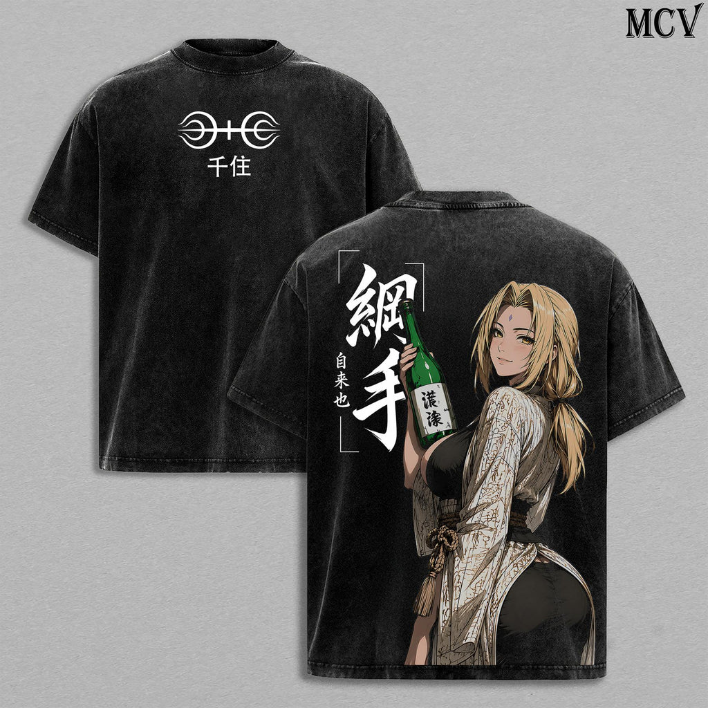 Tsunade Naruto Fifth Hokage Vintage Washed T-Shirt | Legendary Sannin Anime Graphic Tee | Slug Princess Streetwear Oversized Shirt