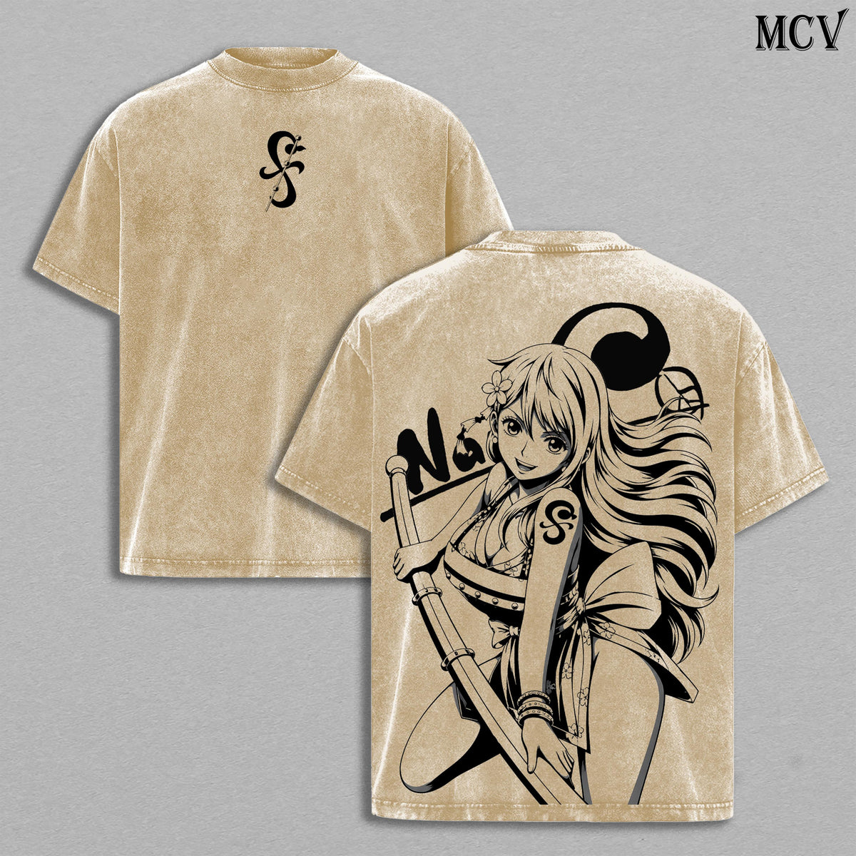 Nami Washed Tee – One Piece Anime Manga Lightning Girl Graphic Double Printed T-Shirt, Menswear Heavy Cotton Unisex Oversize Vintage Streetwear