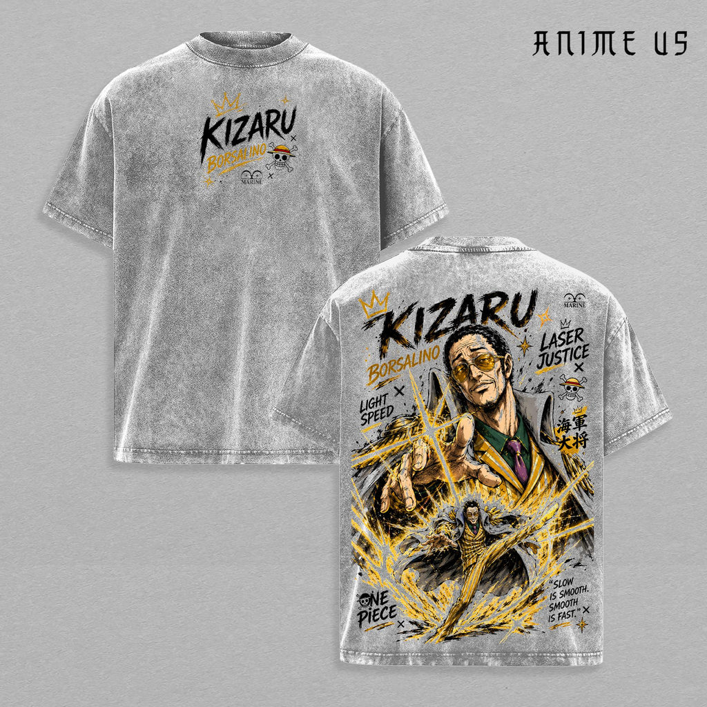 Kizaru Borsalino Vintage Washed T-Shirt One Piece Anime Graphic Tee Marine Admiral Oversized Streetwear Shirt Manga Fan Gift