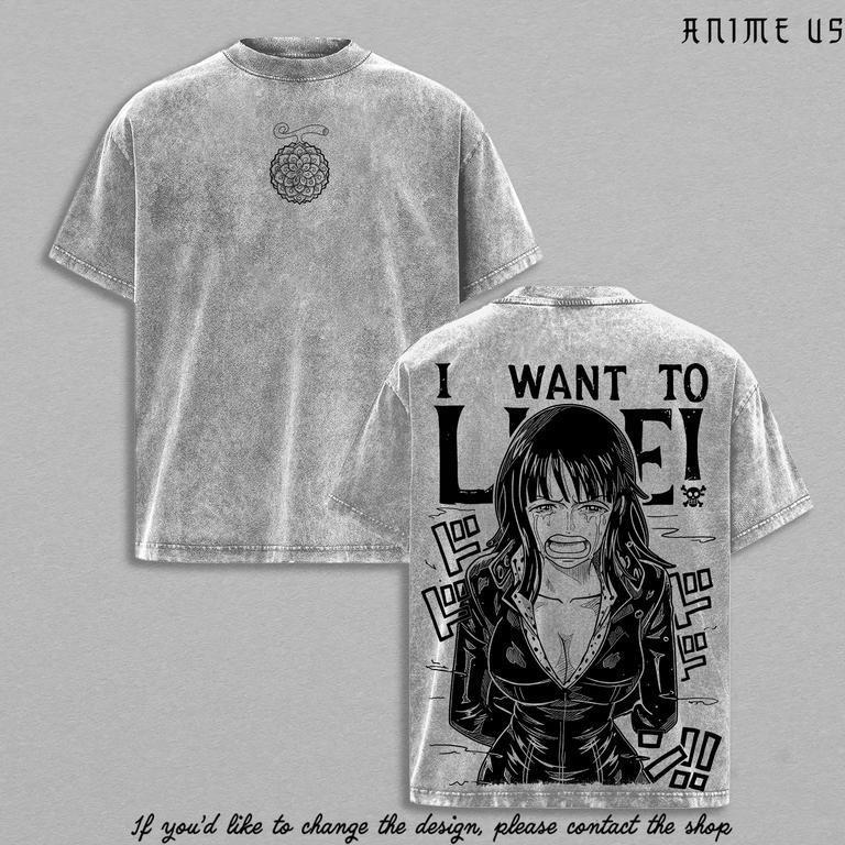 Nico Robinnn “I Want To Live” Vintage Washed Anime T-Shirt Scene Graphic Tee Streetwear Retro Shirt Heavy Cotton Gift for Anime Manga Fans