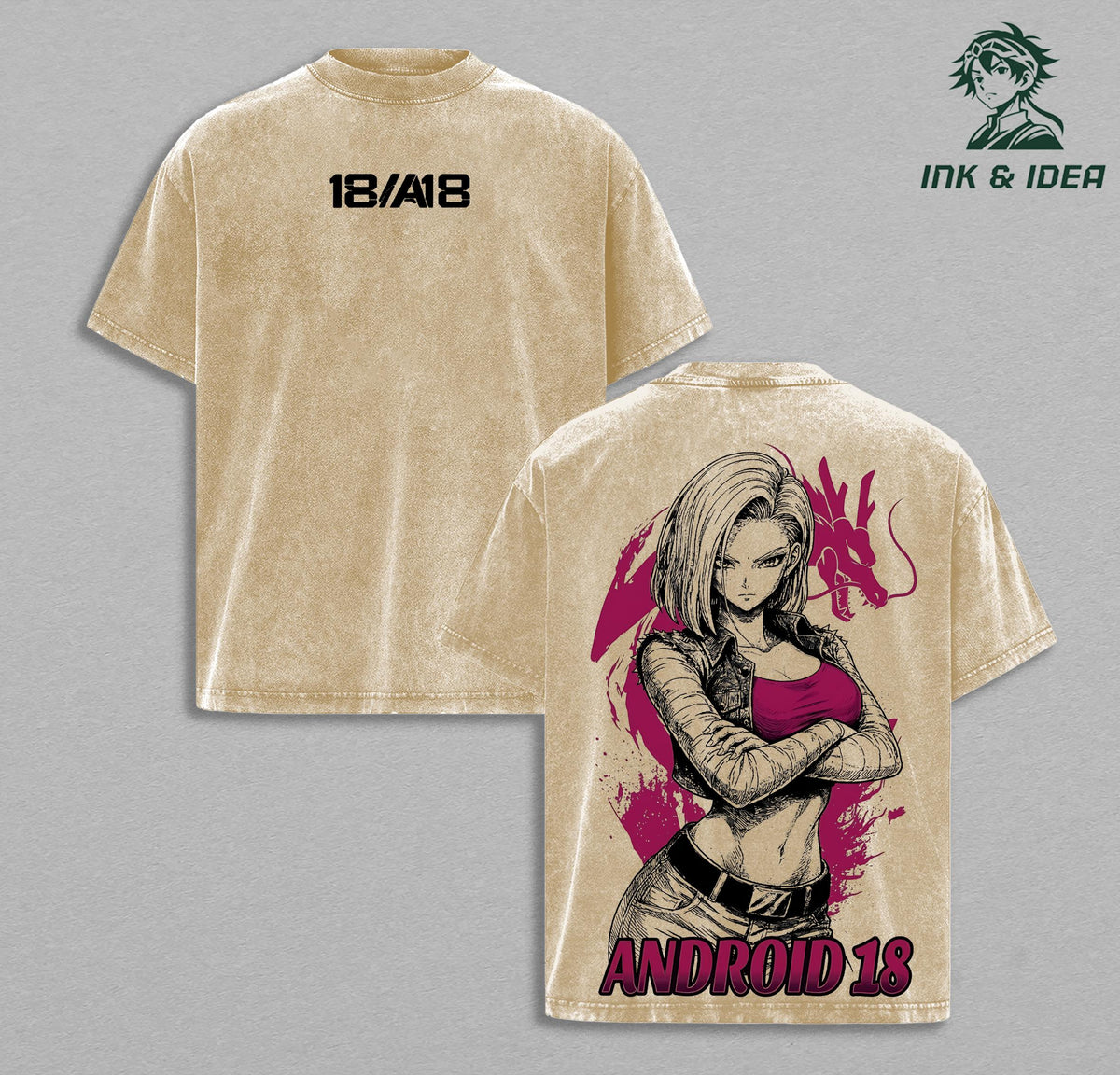 Android 18 DBZ Vintage Washed Oversized Anime Shirt, Strong Waifu Pink Aesthetic Graphic Tee, Heavyweight Cotton Streetwear, Unisex Gift