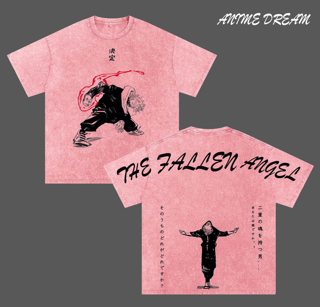 “THE FALLEN ANGEL” Itadori Yuji Jujutsu Kaisen Anime Double Printed Vintage Washed Tee Unisex Oversize Anime Manga Washed Heavyweight Cotton T-shirt