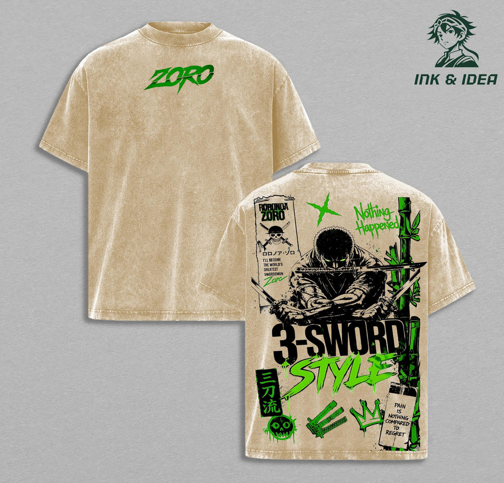Roronoa Zoro 3 Sword Style One Piece Anime Vintage Washed Tee