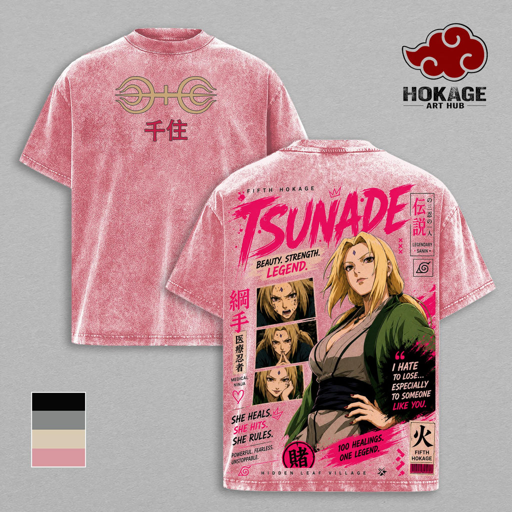 Tsunade NRT Anime Double Printed Vintage Washed Tee Unisex Oversize Anime Manga Washed Heavyweight Cotton T-shirt