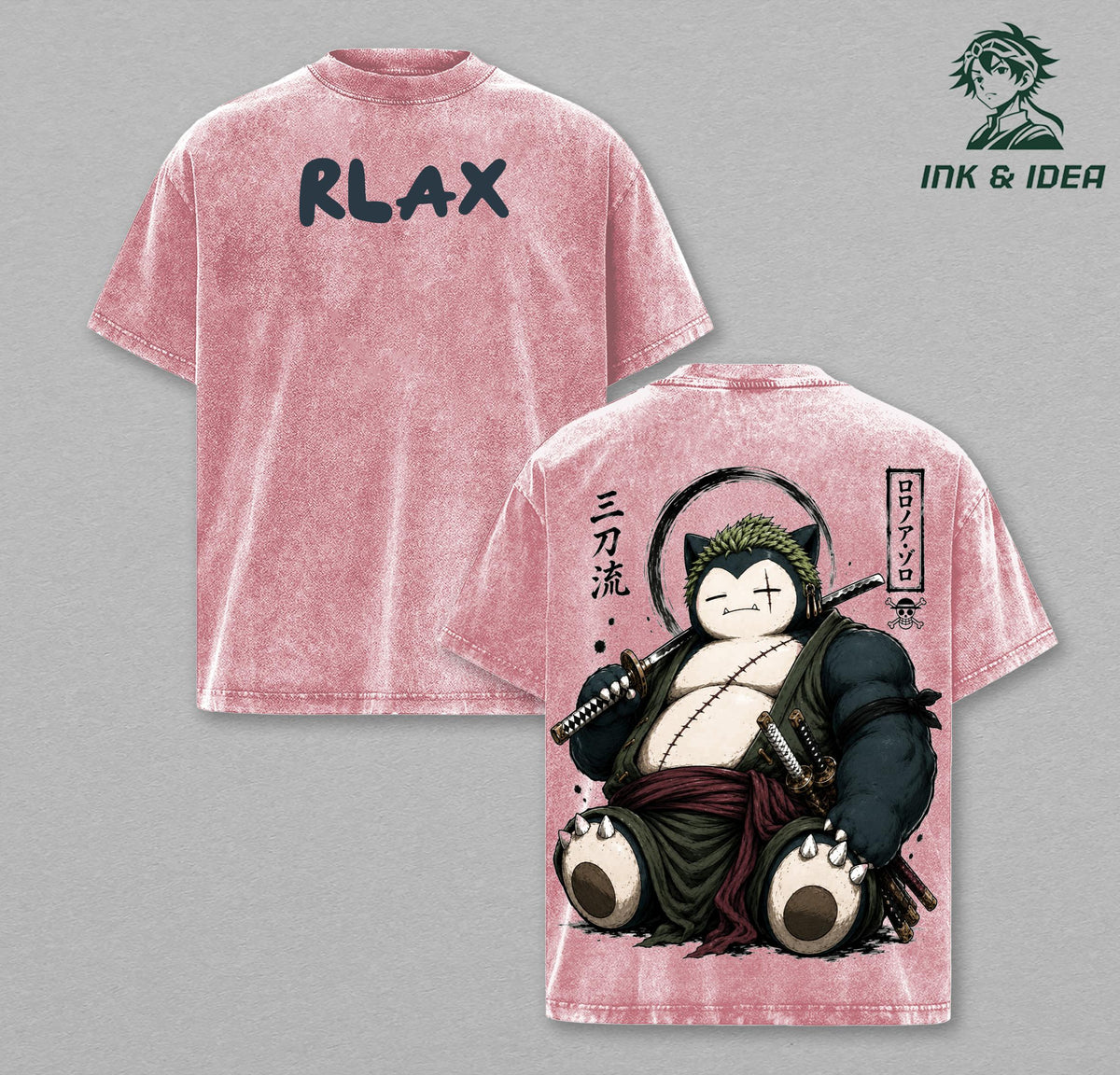 Snorlax Zoro One Piece Vintage Washed Oversized Anime Gym T-Shirt, Samurai PKM Mashup Graphic Tee, Heavyweight Cotton Streetwear Pump Cover Shirt