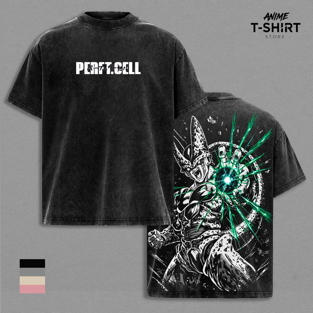 Perfect Cell DBZ T-Shirt - Perfect Cell Graphic Oversized Vintage Tee, DBZ Perfect Form Anime Merch, Washed Black Cotton Unisex