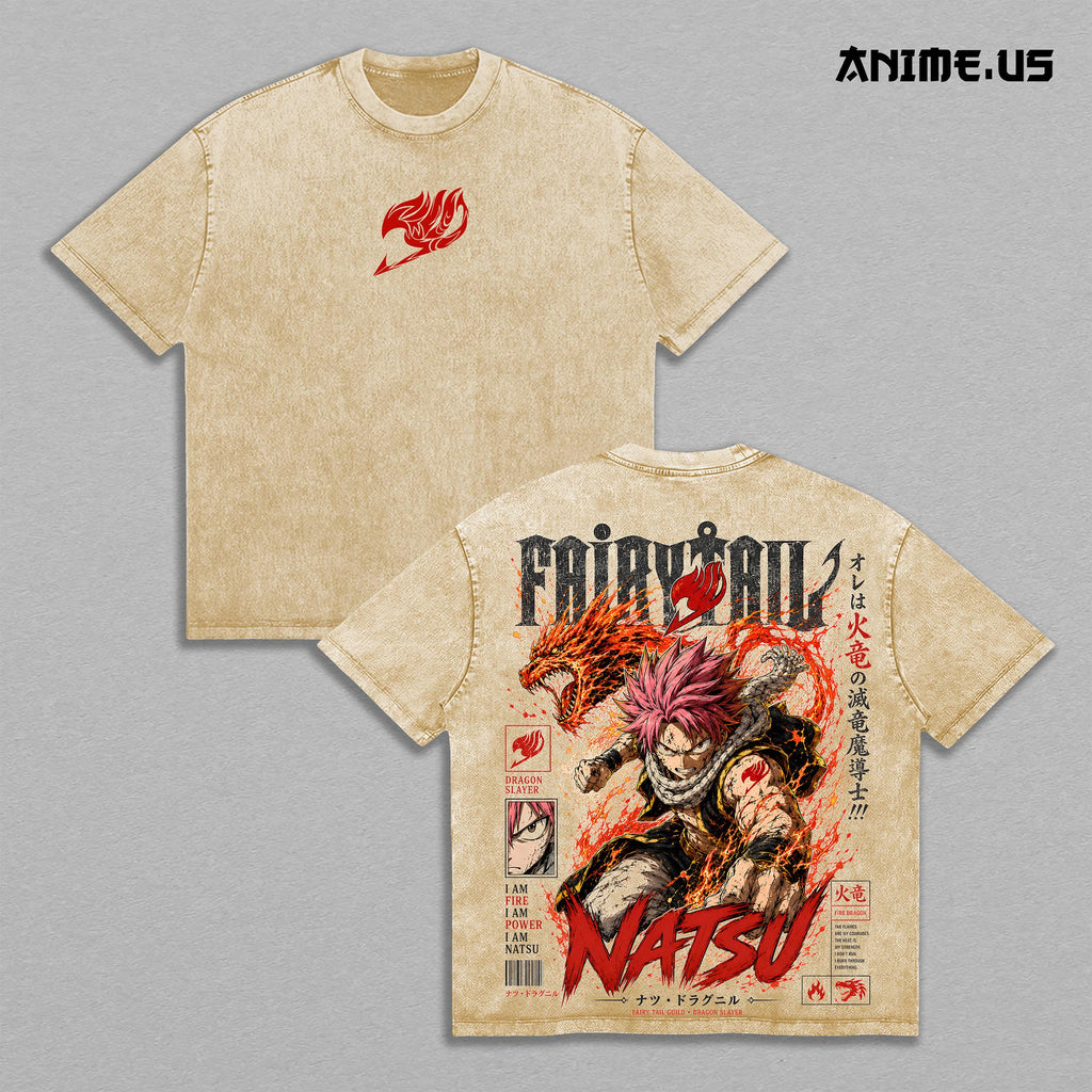 Natsu Dragneel Fairy Tail Fire Dragon Slayer Anime Graphic Vintage Shirt, Burning Spirit Dragon Flame Double Printed Tee Heavyweight Cotton Streetwear