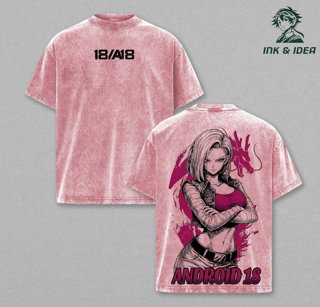 Android 18 DBZ Vintage Washed Oversized Anime Shirt, Strong Waifu Pink Aesthetic Graphic Tee, Heavyweight Cotton Streetwear, Unisex Gift
