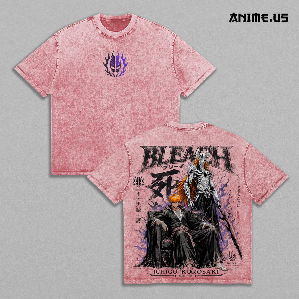 Bleach Ichigo Kurosaki Bankai Hollow Form Washed Heavyweight T-Shirt Vintage Anime Streetwear Graphic Tee Soul Reaper Oversized Unisex Gift
