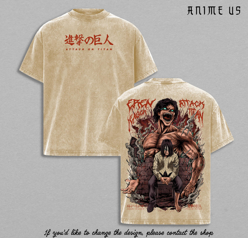 Eren Yeager Attack on Titan Anime Vintage Washed Oversized Graphic Tee Titan Form Rage AOT Streetwear Shirt