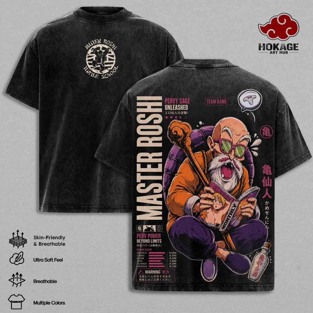 Master Roshi DBZ Vintage Washed T-Shirt Turtle Hermit Anime Graphic Tee Kame School Streetwear Oversized Shirt Gift for DBZ Fans Apparel Classic
