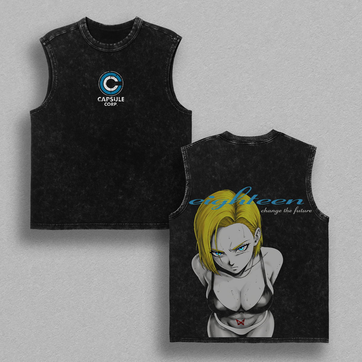 Android 18 DBZ Anime Double Printed Vintage Washed Tee Unisex Oversize Heavyweight Cotton T-shirt for Anime Fans and Lovers