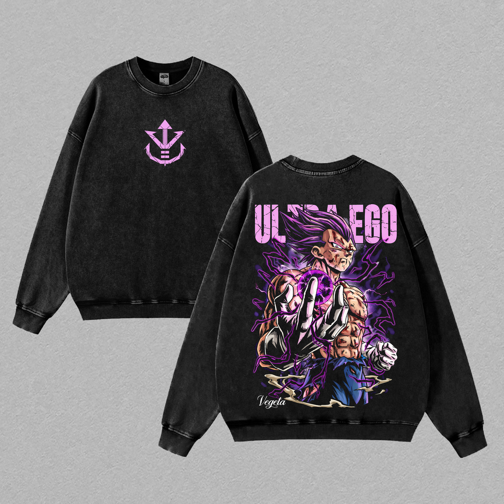 Ultra Ego Saiyan Prince Anime Shirt Purple Power Awakening Vintage Washed Oversized Anime Streetwear Graphic Tee