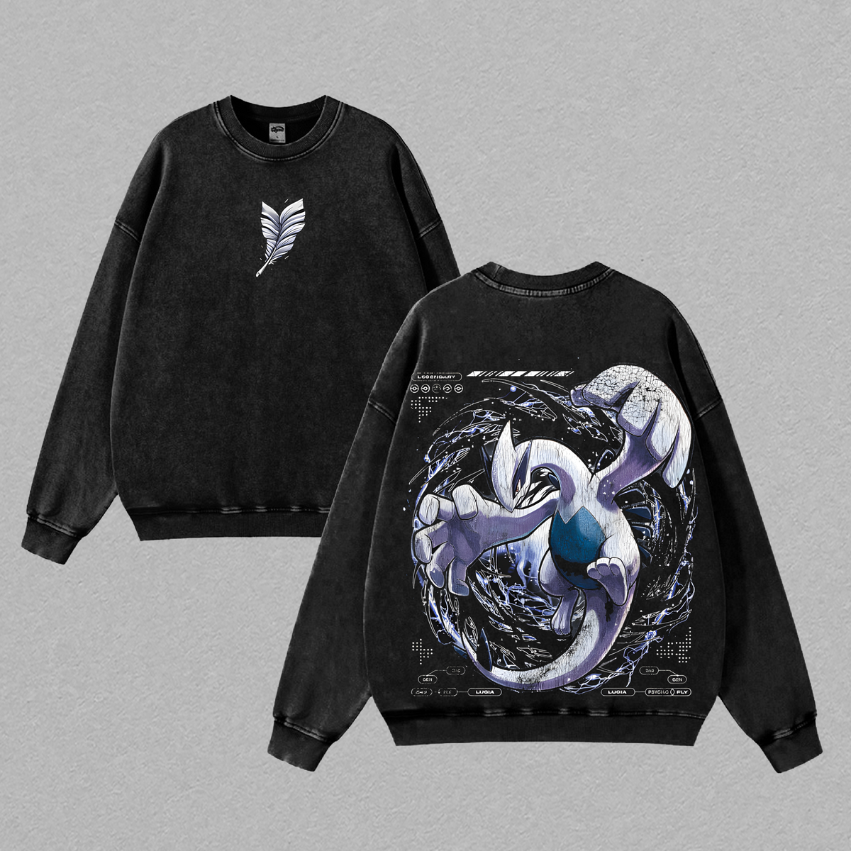 Lugia - Pokemon Anime Double Printed Vintage Washed Tee Unisex Oversize Heavyweight Cotton T-shirt for Pokemon Fans