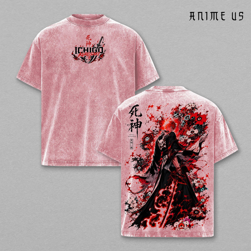 Ichigo Kurosaki Bleach Anime Shirt Soul Reaper Bankai Vintage Washed Oversized Graphic Tee Hollow Power